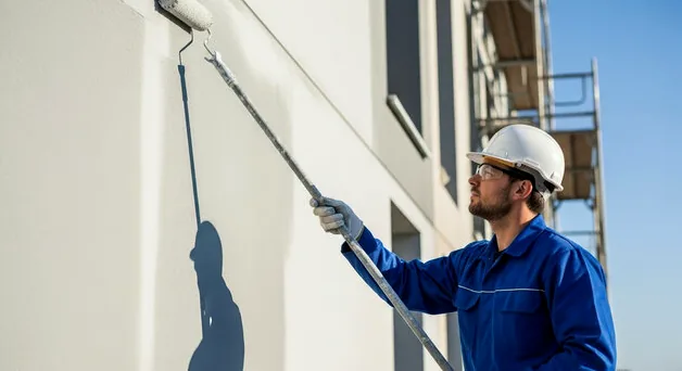 Painter rolling the light exterior wall of a three-story home near Lake Norman